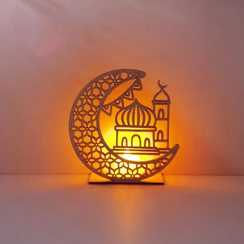 EID Mubarak Wooden Ornament Moon LED Candle Light Ramadan Decoration for Home Islamic Muslim Party Decoration Kareem Eid Al Adha