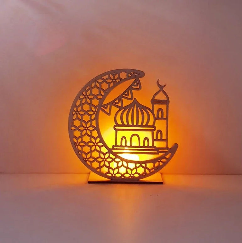 EID Mubarak Wooden Ornament Moon LED Candle Light Ramadan Decoration for Home Islamic Muslim Party Decoration Kareem Eid Al Adha