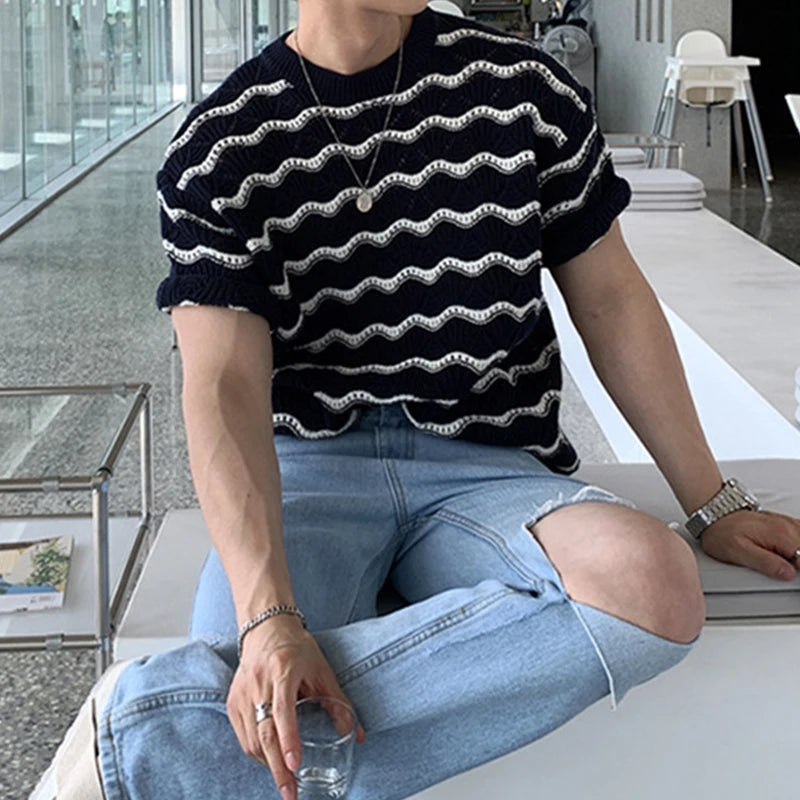 Trendy Striped Jacquard Mens T Shirts Knitted O Neck Short Sleeve Hollow Out Knit T-shirts Summer Fashion Slim Men Knitted Tees