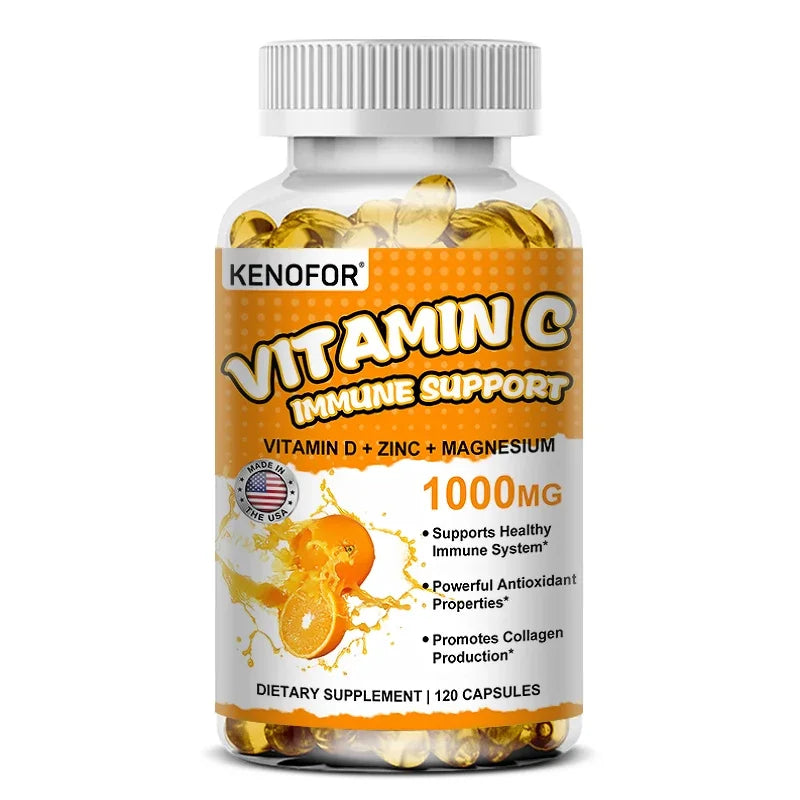 Vitamin C with Vitamin D, Zinc and Magnesium 1000мG Adult Daily Immune Supplement - Promotes Collagen Production and Skin Health