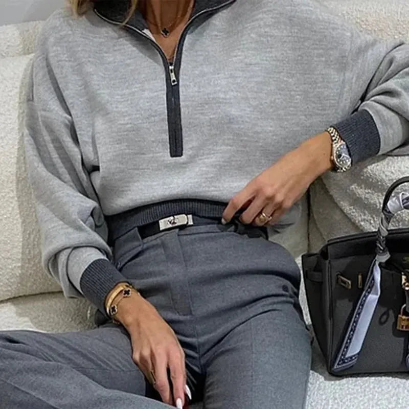 Women Two Piece Set Autumn Thin Solid Lapel Long Sleeve Zipper Pullover Slim Top Loose Straight Pants Sets With Belt