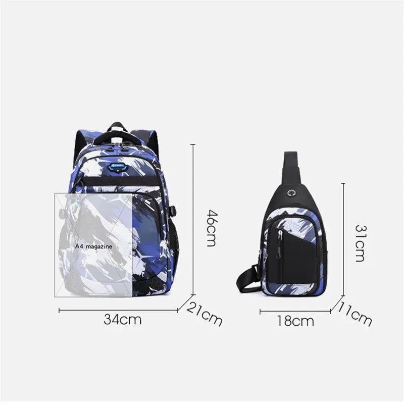 2pcs Football Printing Cool Backpacks With Chest Bag Capacity Rucksack Girl Boys Simple Shoulder Bags High School Schoolbags