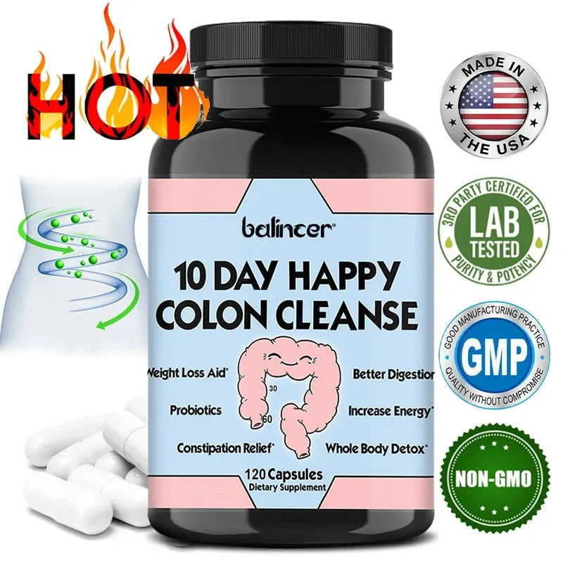 10 Days of Happy Colon Cleanse Digestive Support - Daily Detoxification, Constipation Relief | Non-GMO 60/120 Capsules