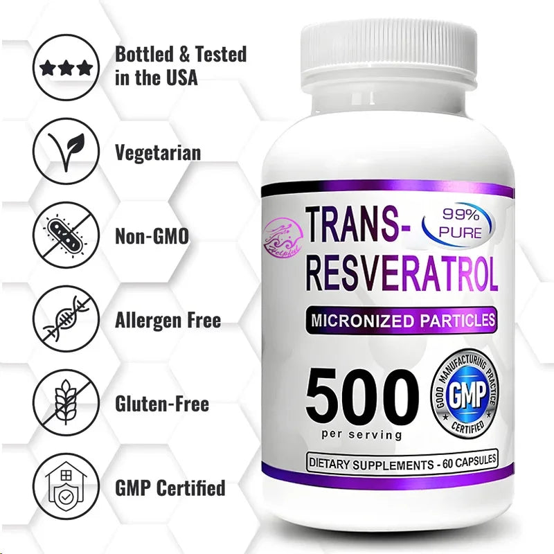 Trans Resveratrol 500mg Supplement 99% Pure Trans Resveratrol Extract+Pepper High Absorption 60 Capsules Vegetarian Capsules