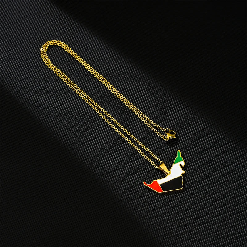 Fashion United Arab Emirates Map Flag Pendant Necklace For Women Men Charm Gold Silver Color Party Stainless Steel UAE Jewelry