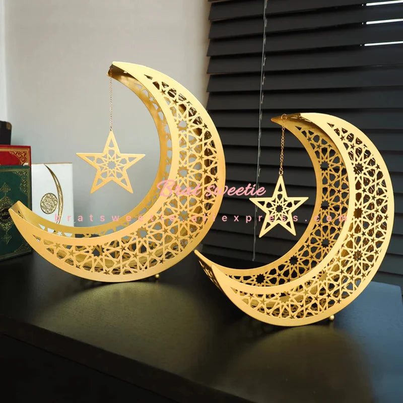 Metal Crescent Moon Candy Dessert Tray Islamic Festival Eid Mubarak Iron Moon Star Plate 2024 Ramadan Kareem Home Decorations