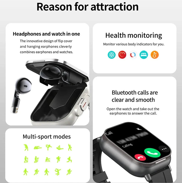 New TWS 2 in 1 Smartwatch D8 Sports Watch Bluetooth Headset Calling Watch Men Health Monitoring ENC Women Wristwatch With Earbud