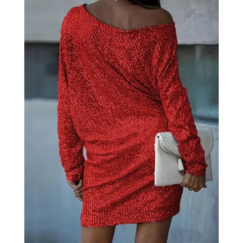 Sexy Slim-Fit Sequined Mini Dress 2023 Autumn and Winter New Dress Women Long Sleeve Off Shoulder Slash Neck Party Formal Dress