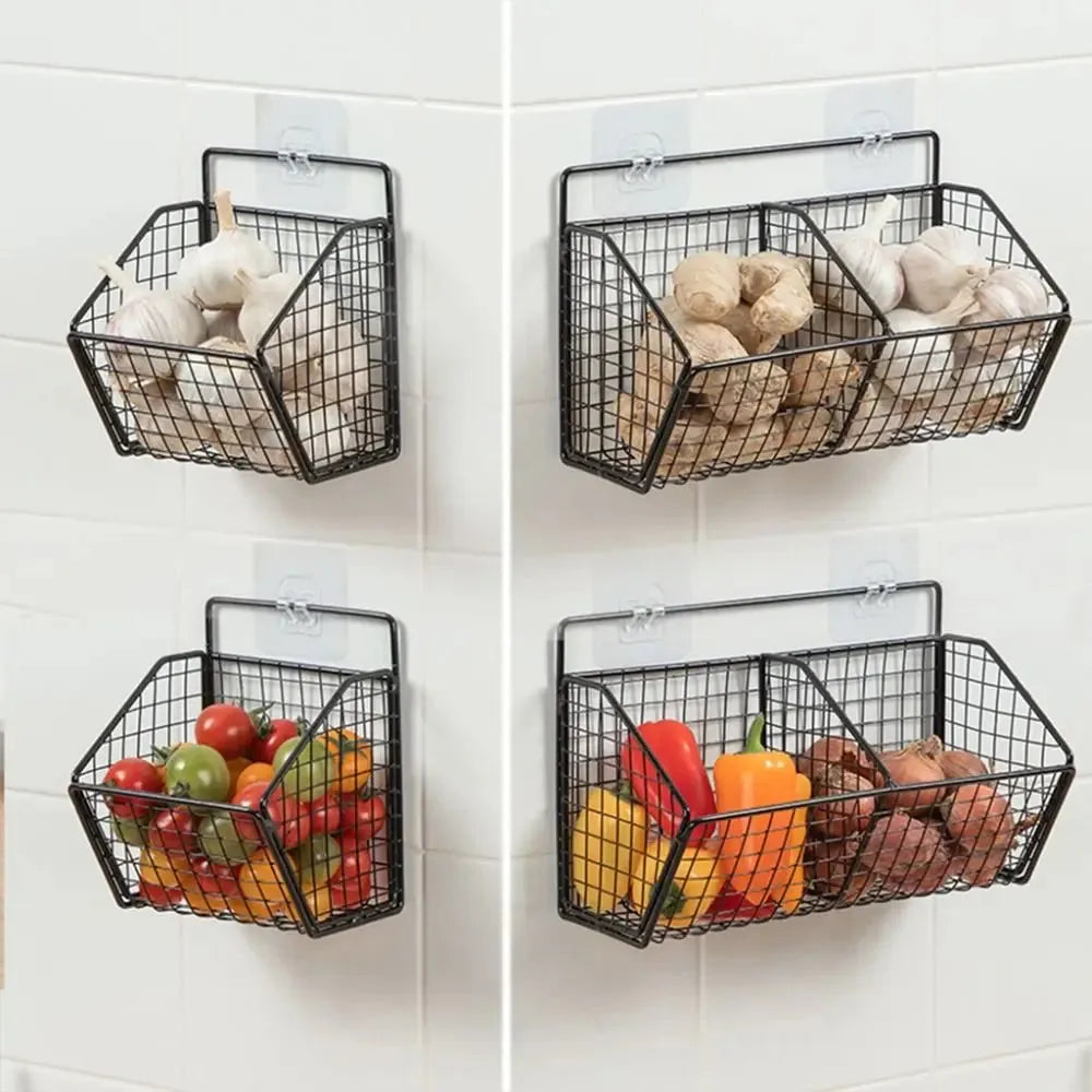 Wall Mounted Storage Rack Onion Ginger Garlic Condiments Spice Kitchen Shelf Punch-Free Vegetable Fruit Drain Basket Kitchen