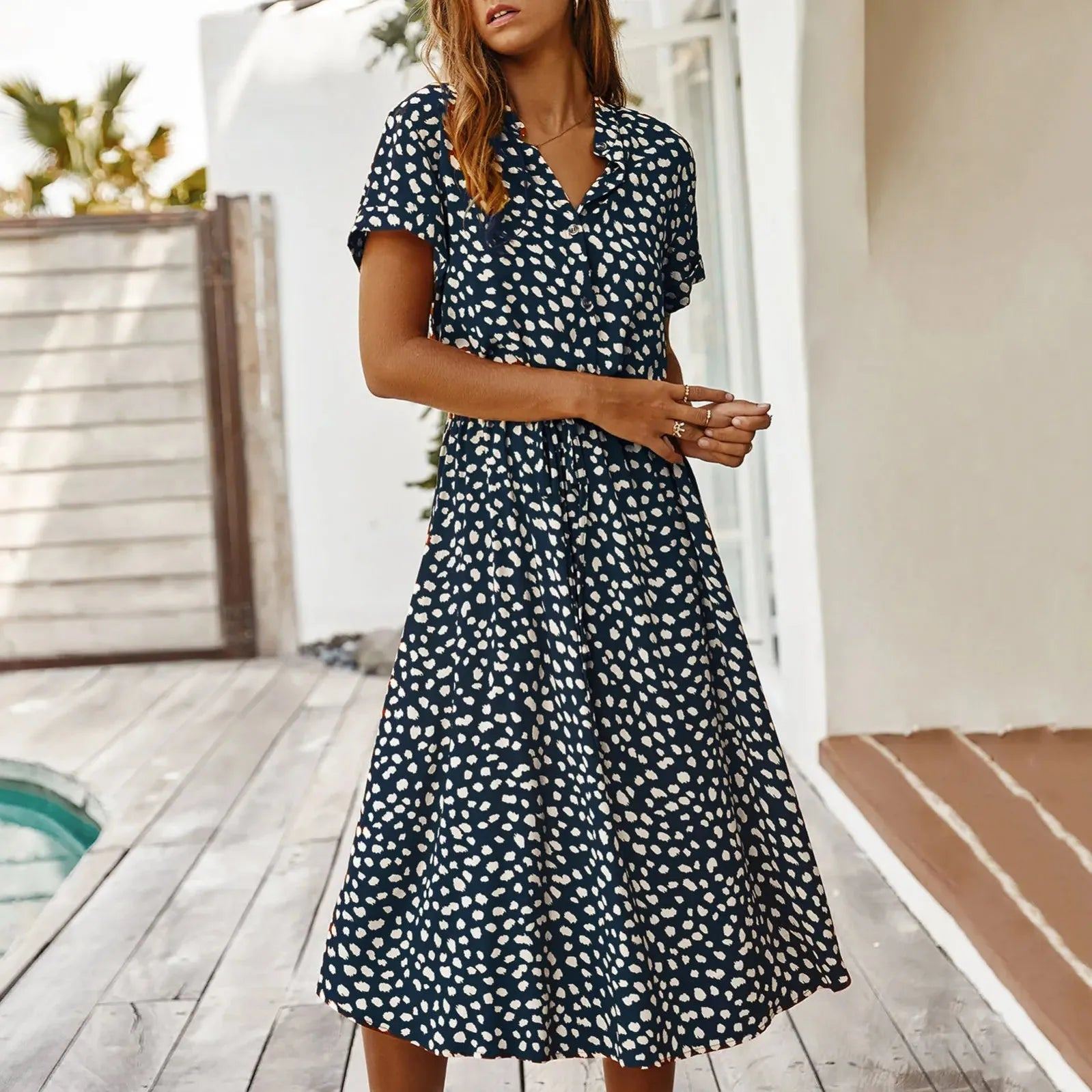 Summer Dresses Women Summer Polka Dot Printing Dresses With Buttons Short Sleeves Drawstring High Waist Dress Vestidos 2023