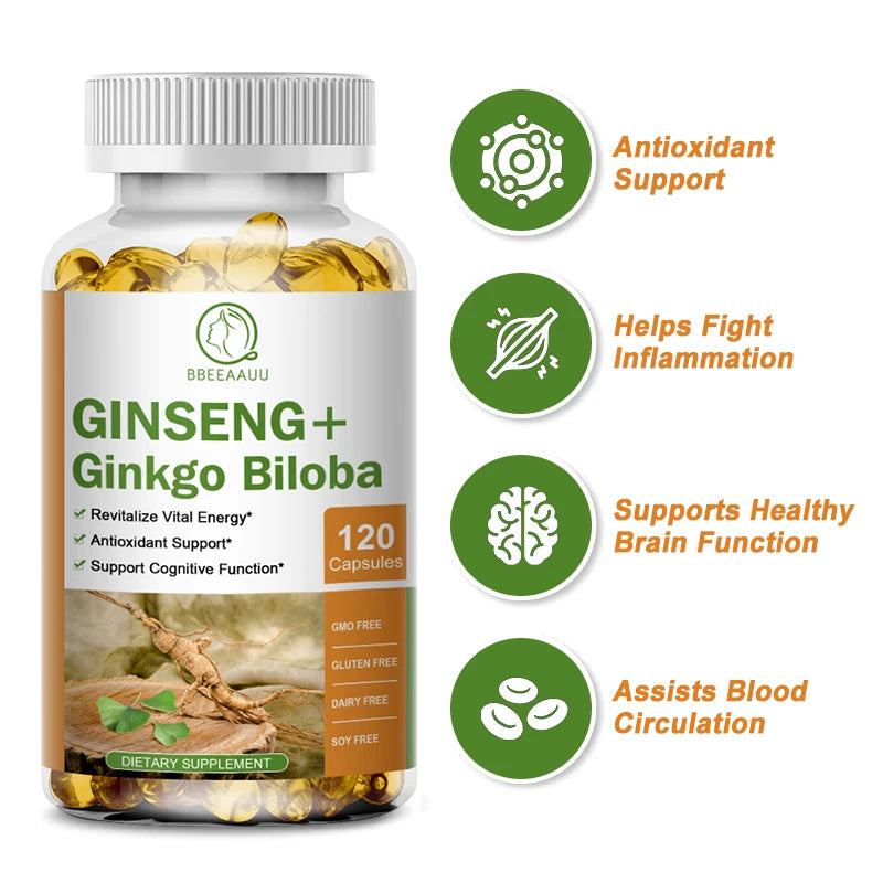 BBEEAAUU Ginseng Ginkgo Biloba Capsules Brain Health Supplements Cognitive Function Memory and Concentration Blood Circulation