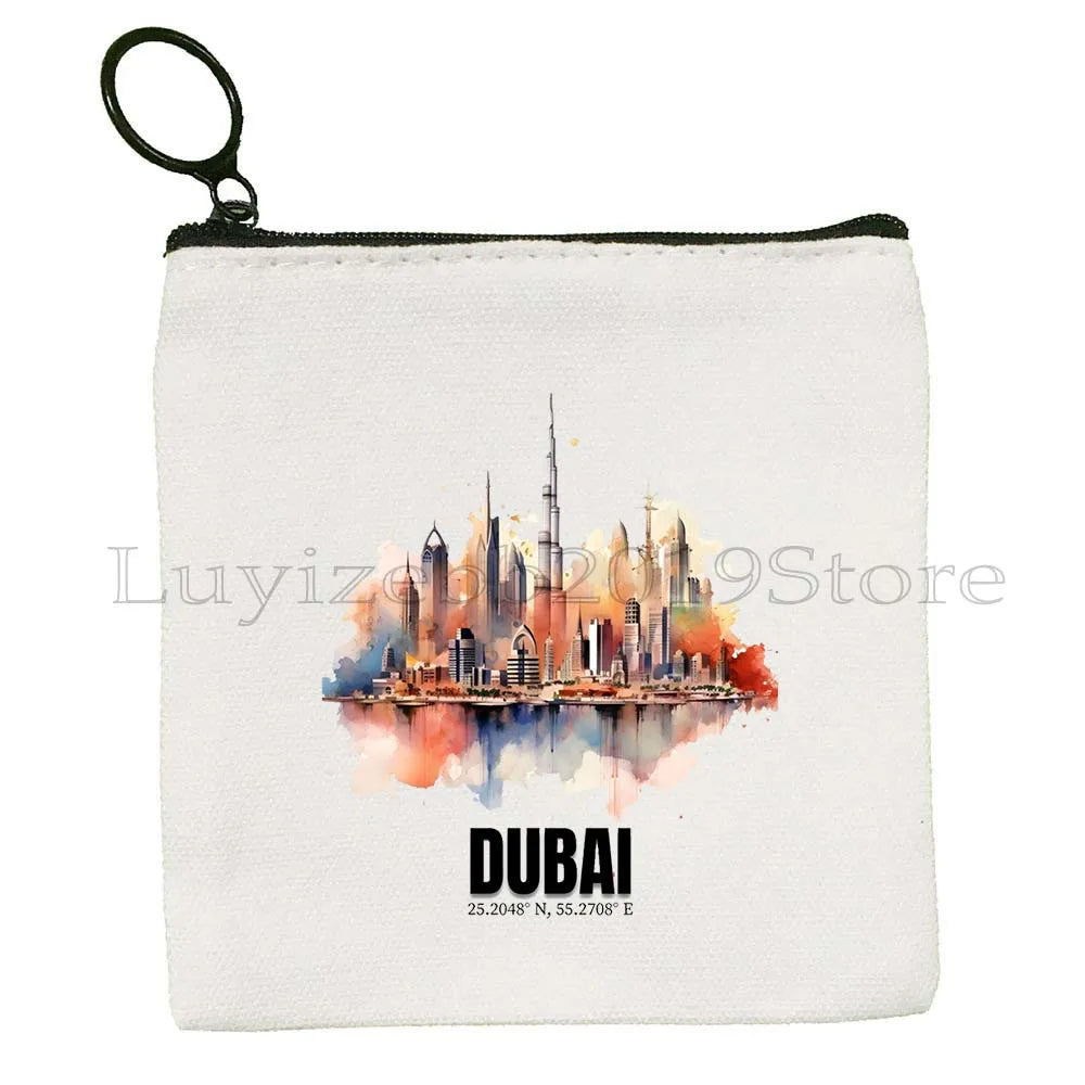 Dubai United Arab Emirates UAE Map Flag Asia Skyline Skyscraper Burj Khalifa Canvas Coin Purse Key Case Bag Wallet Zipper Pouch