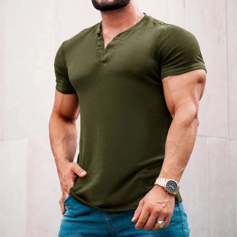 Leisure Solid Color Short-sleeved T Shirt Men Clothes Casual Buttoned V Neck Pullover Tops Spring Summer Mens Fashion T-shirts