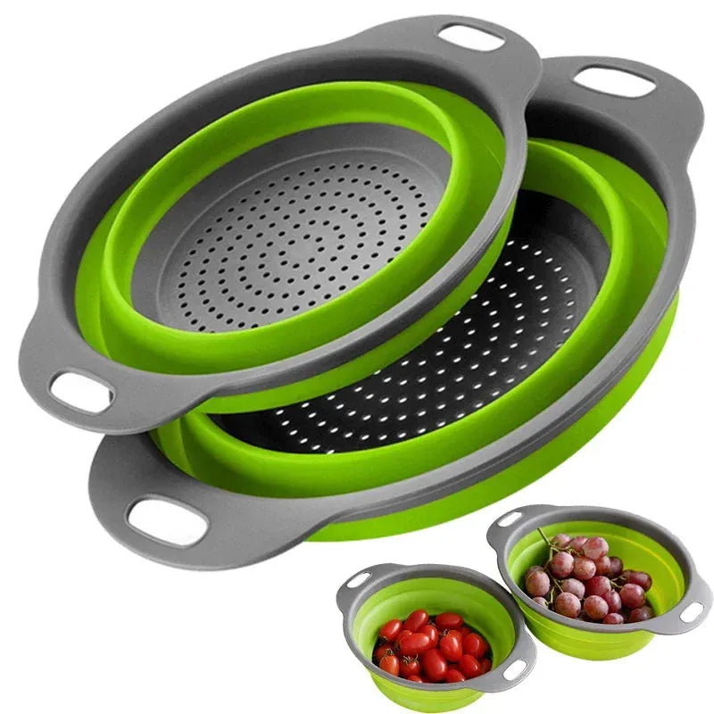 2pcs Silicone Round Folding Vegetable Fruits Washing Drain Basket Colander Strainer Collapsible Drainer Kitchen Tool cocina