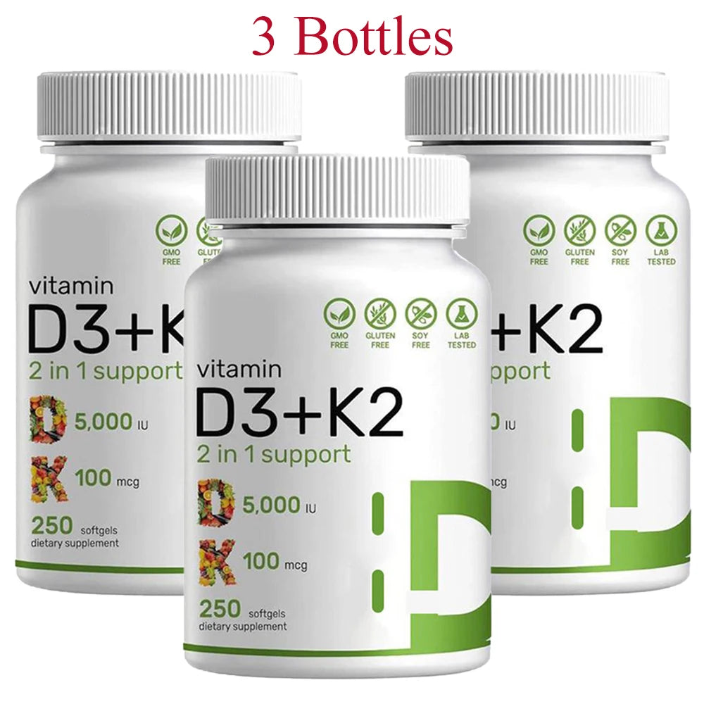 3 Bottles Vitamin D3+K2 Capsule - Help Regulate Calcium Metabolism Promote Bone Teeth And Skin Health Support Immunity