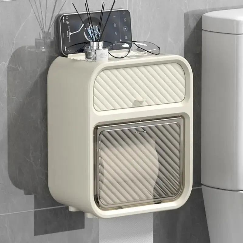 Multifunctional Double Layer Toilet Paper Storage Box Wall Mounted Punch-Free Waterproof Bathroom Tissue Holder with Drawer