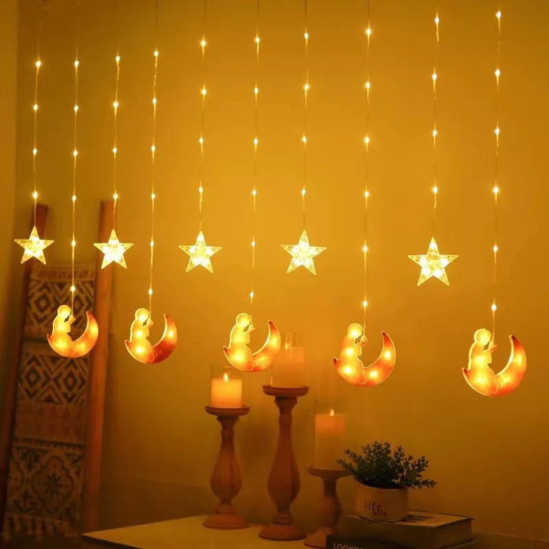 Eid al-Fitr Mubarak Star Moon Light String LED Night Lamp Window Fairy Light for Home Islamic Muslim Ramadan Indoor Decoration