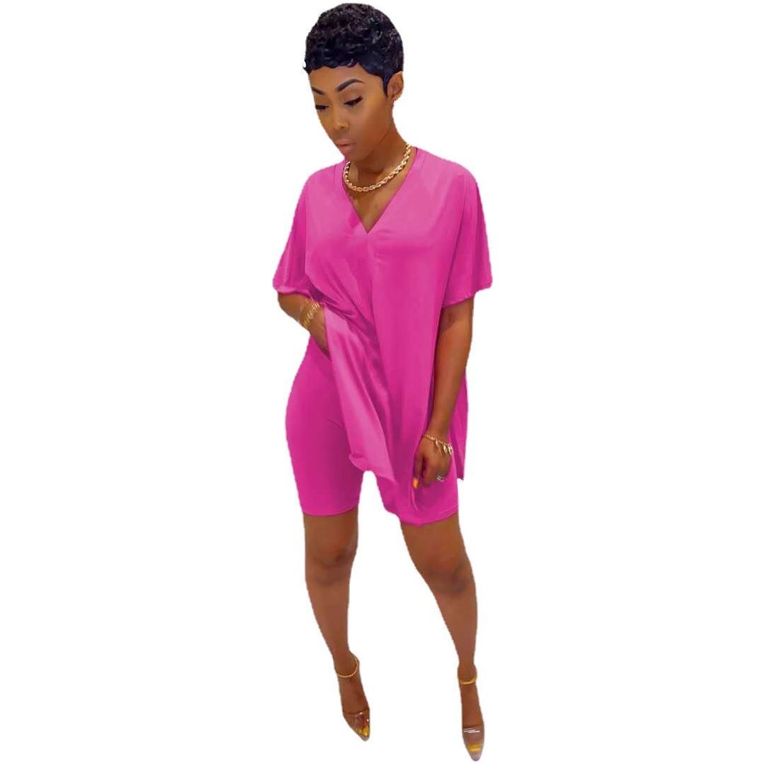 Women's plus-size two-piece suit: V-neck top & shorts, dolman sleeves, solid color - Jointcorp