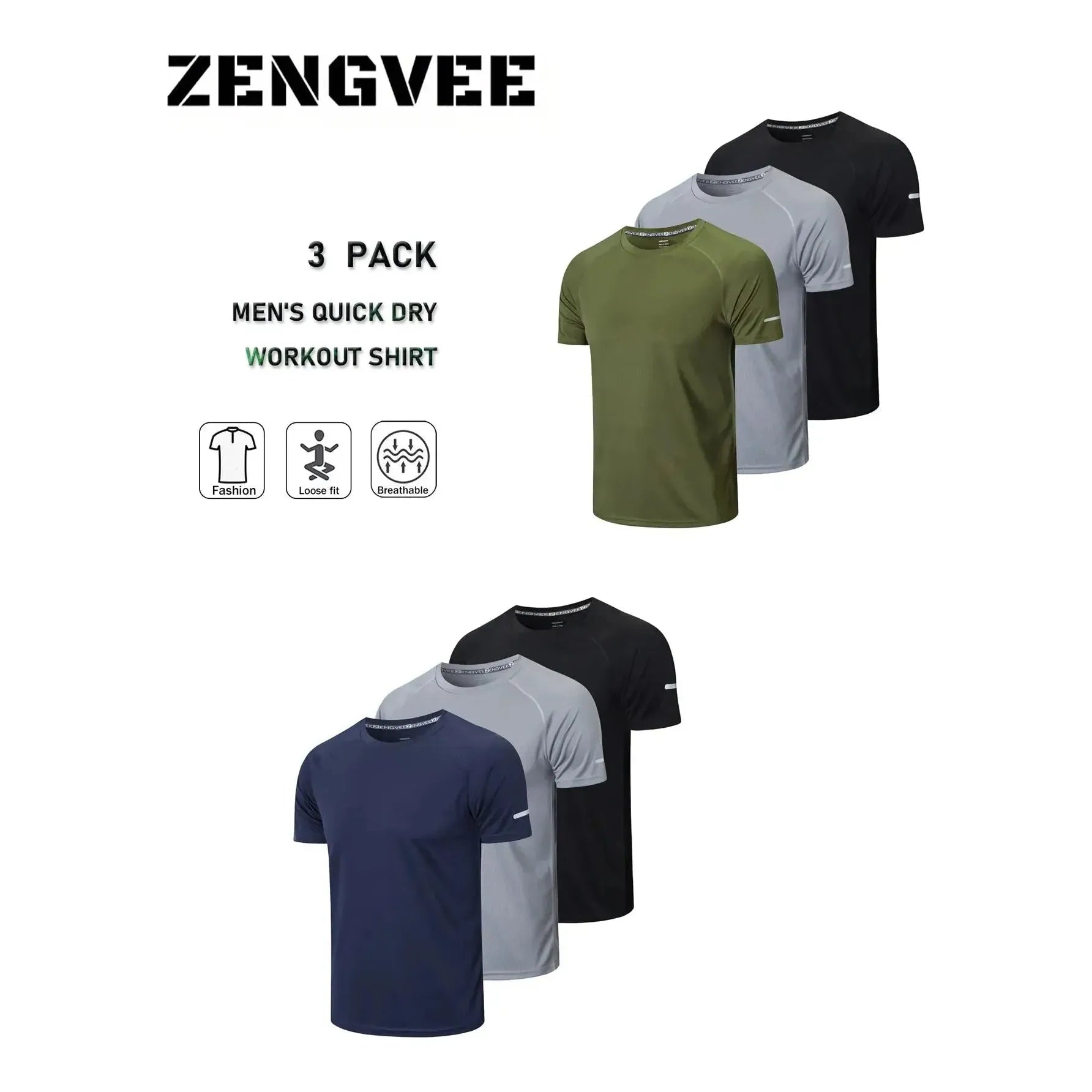 ZengVee 3 Pack Running Shirts Men Dry-Fit Workout Moisture Wicking Active Athletic Sport Tops