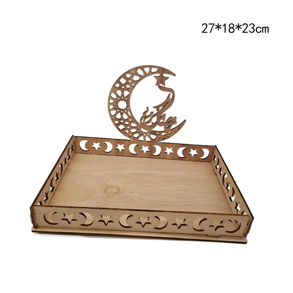 Wooden Eid Mubarak Moon Star Tray for Ramadan Kareem Food Holder Table Decoration Al Adha Islamic Muslim Party Supplies