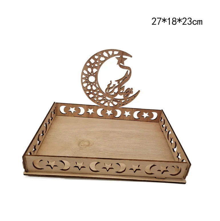 Wooden Eid Mubarak Moon Star Tray for Ramadan Kareem Food Holder Table Decoration Al Adha Islamic Muslim Party Supplies