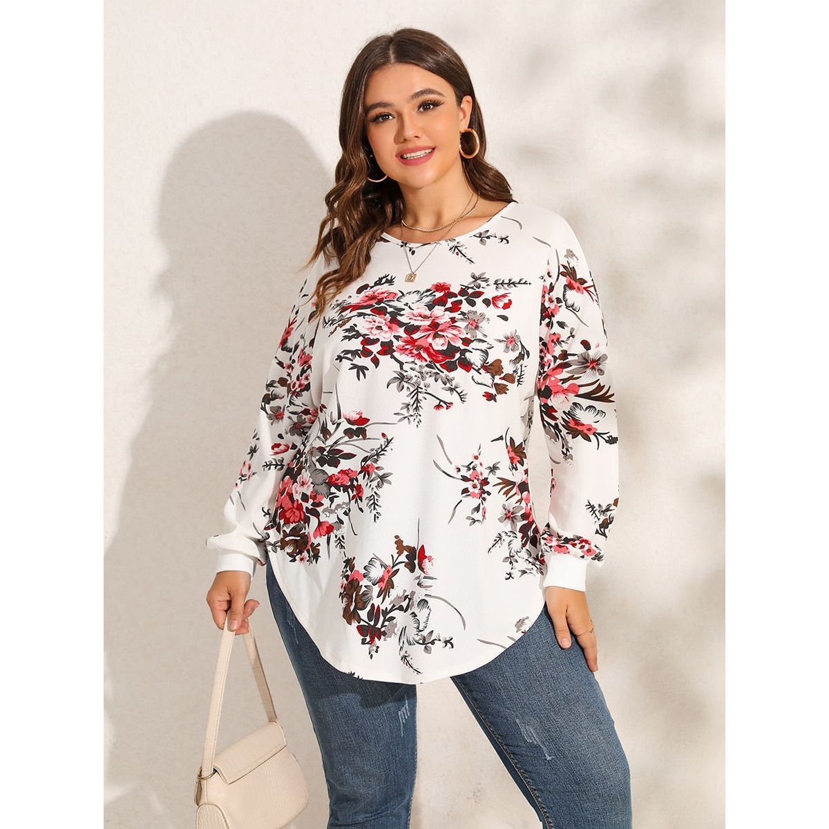 Plus Size Women Blouse 2023 New Floral Print Criss Cross Back Blouses Curved Hem Top Elegant Women's Clothing - Jointcorp