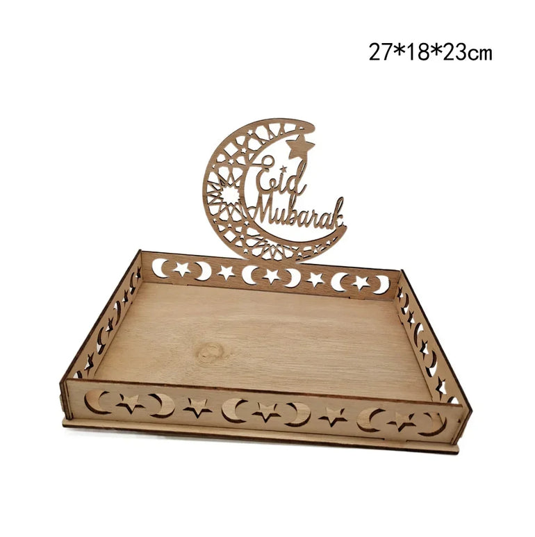 Wooden Eid Mubarak Moon Star Tray for Ramadan Kareem Food Holder Table Decoration Al Adha Islamic Muslim Party Supplies