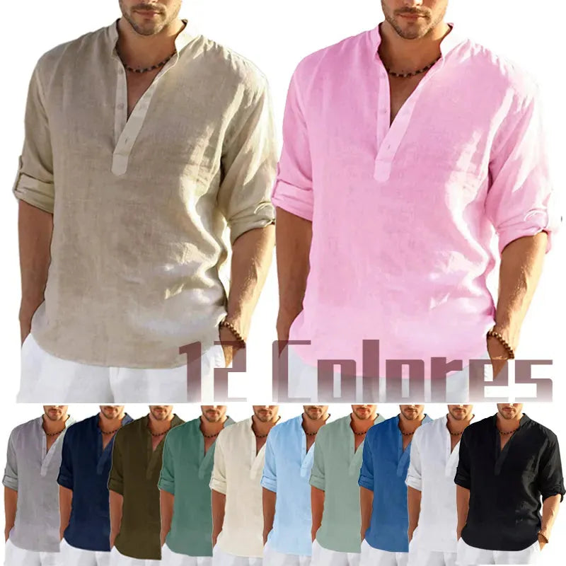 New Men's Linen Long Sleeve T-Shirt Solid Color Loose Casual Shirt Long Sleeve Cotton Linen Shirt