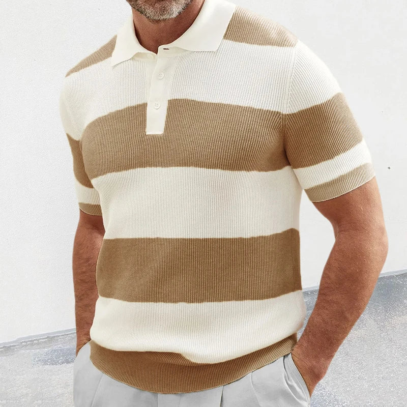 Trendy Knitted Polo T Shirts Mens 2025 Summer Fashion Striped Knit Jumper Tops Men Vintage Patchwork Striped Knitting Polo Shirt