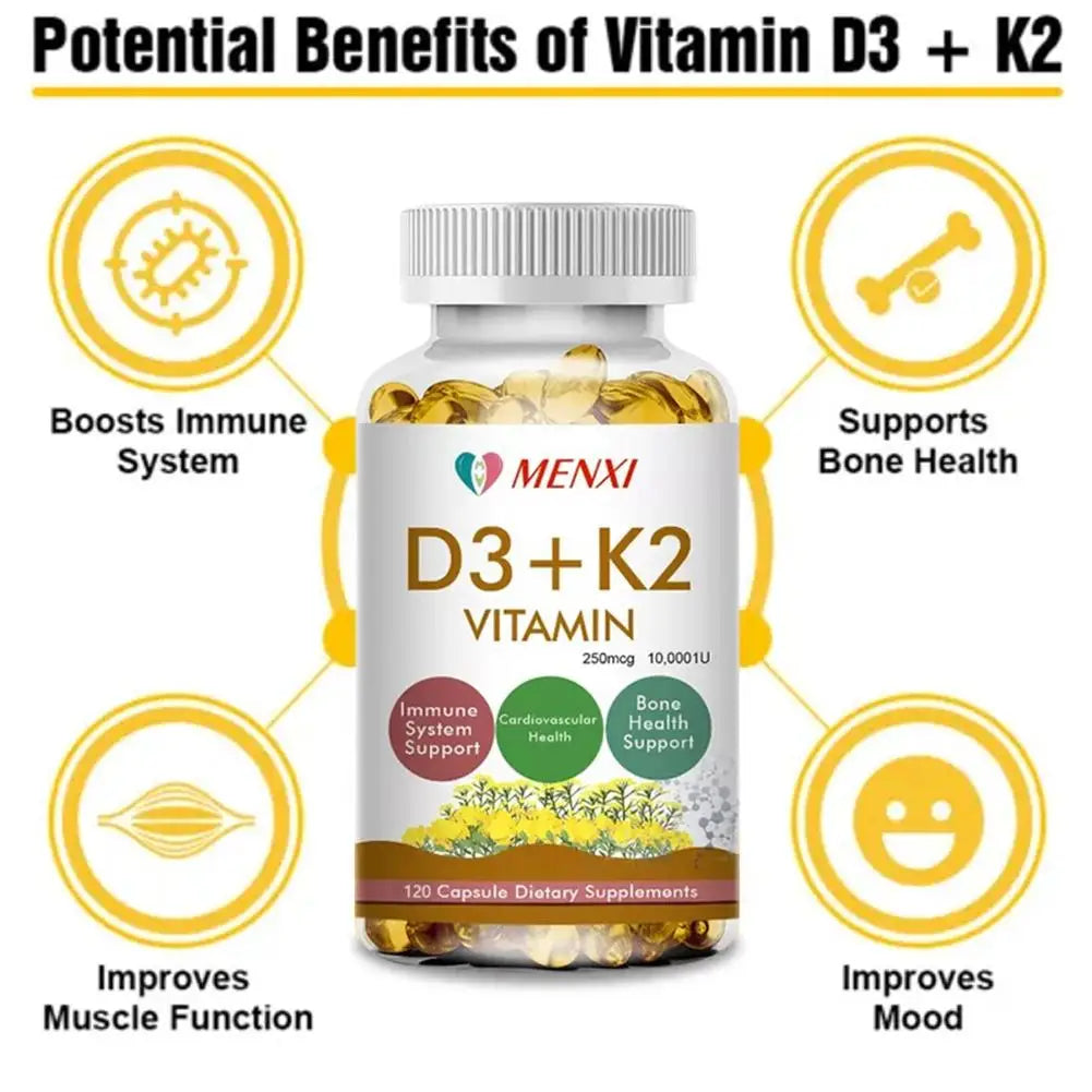 3 Bottles Vitamin D3 + K2 Capsules Supports Calcium For Stronger Bones Immune Health VC VK Complex Dietary Supplement For Adults