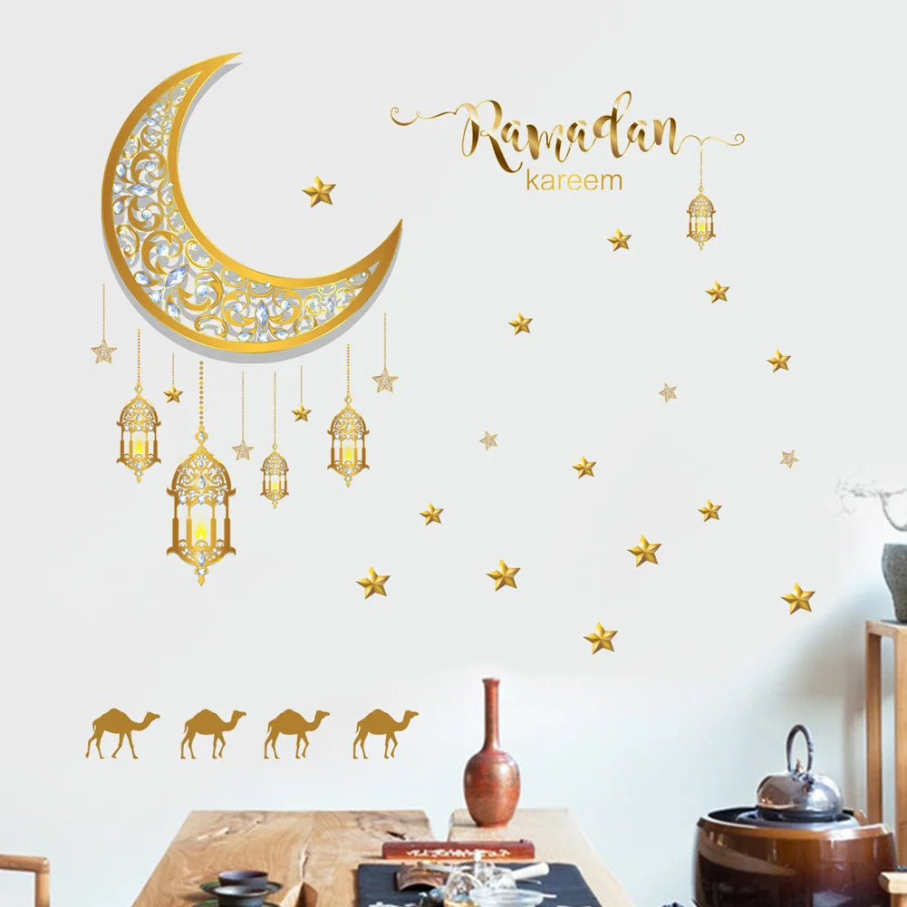 Crescent Star Lamp Wall Stickers Living Room Bedroom Background Home Decoration Wallpaper For Ramadan Decor Self Adhesive Decals