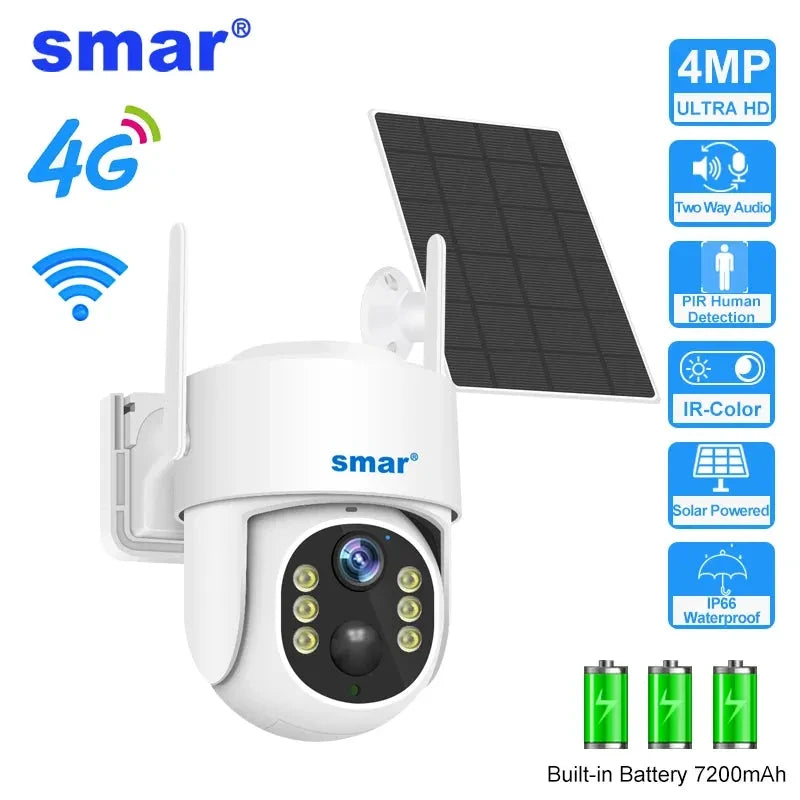 Smar 2/4MP WiFI Solar Camera 4G Sim Card Outdoor Camara PIR Human Detection Surveillance Camera PTZ Security Protection Monitor