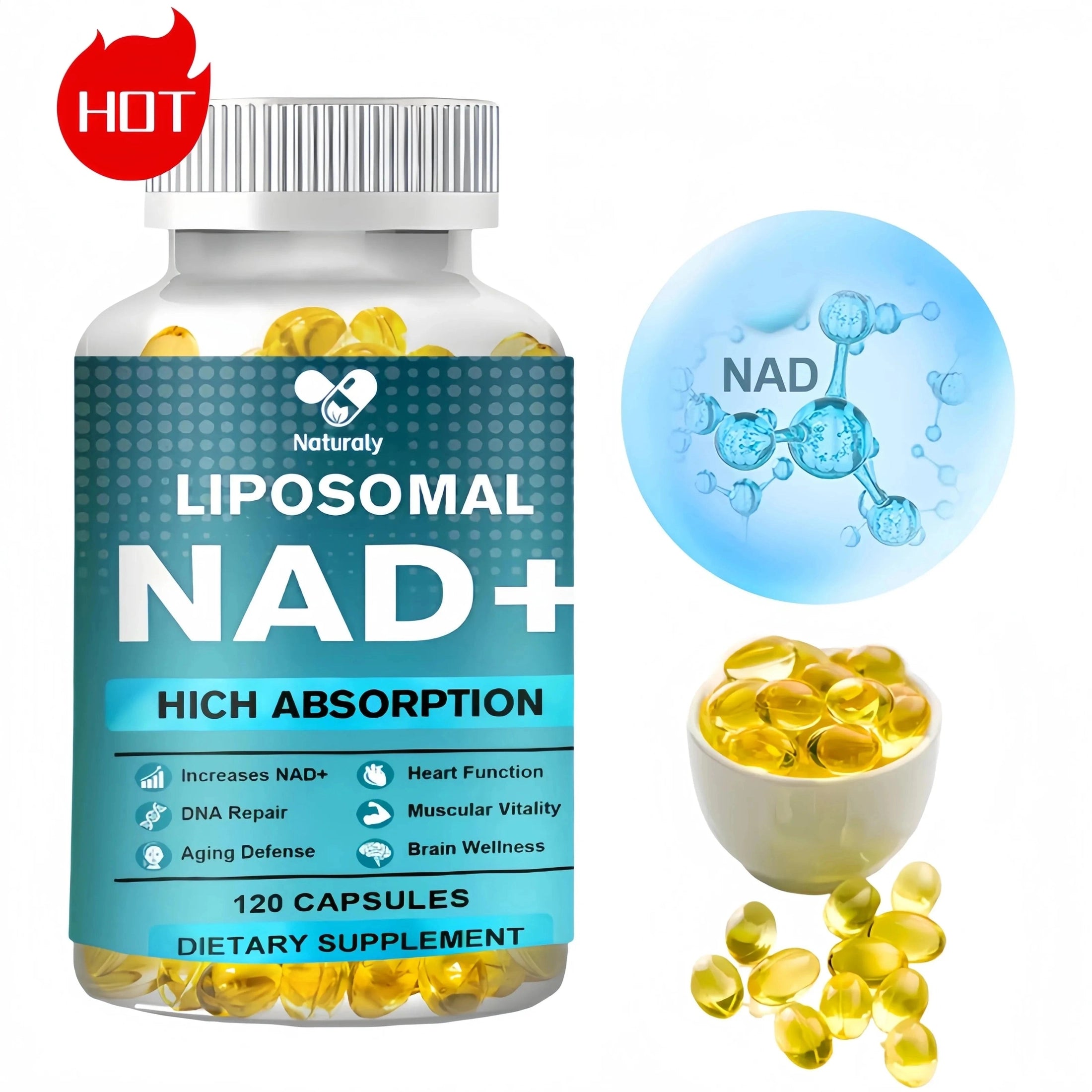 NAD Supplement, Liposomal NAD+ supplement - Aging Defense, Cellular Energy, Heart & Brain Function,Longevity, 120 Capsules