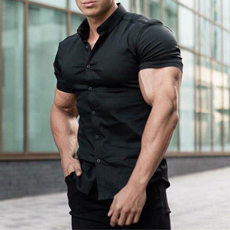 Summer Men Pure Color Comfortable Blouses Men Black Short-Sleeved Shirts Casual Sport Single Breasted Man Slim Fit Shirt top - Jointcorp