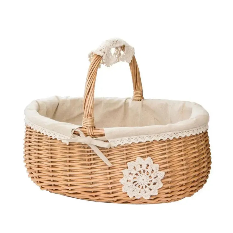 Rattan Picnic Basket Seaweed Wicker Rattan Hanging Flower Hand Woven Serving Basket With Handle Picnic Fruit Flower Basket