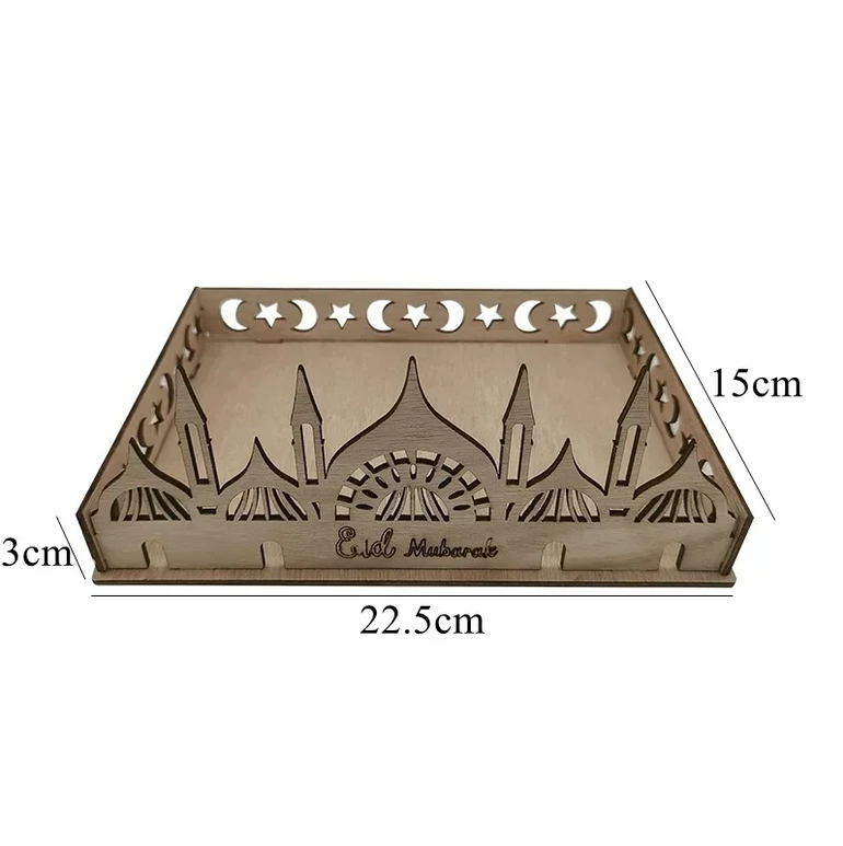 Wooden Eid Mubarak Moon Star Tray for Ramadan Kareem Food Holder Table Decoration Al Adha Islamic Muslim Party Supplies