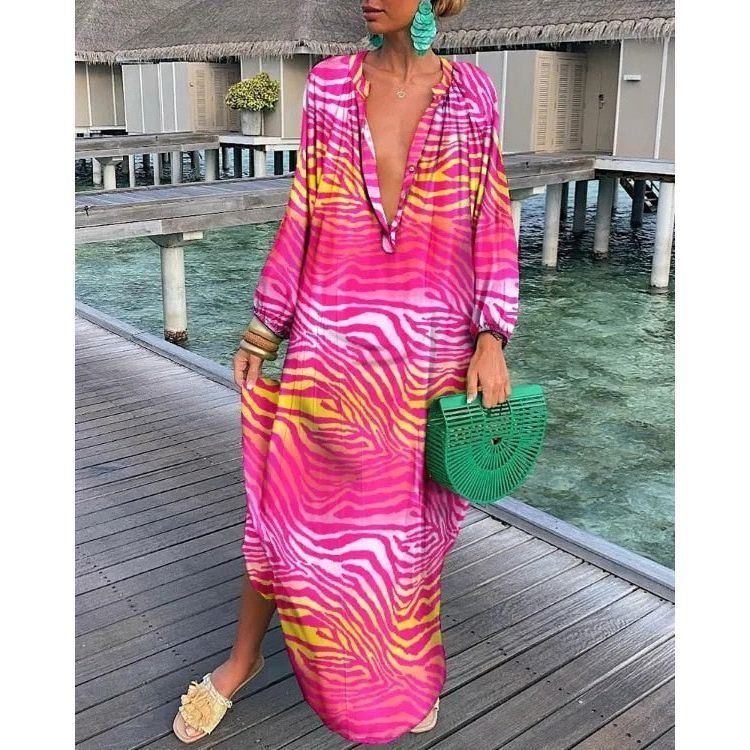 Women Boho Print Beach Cover Up 2023 Summer Sexy Deep V-Neck Long Sleeve Long Dresses Female Vintage Maxi Dresses Elegant Robe - Jointcorp