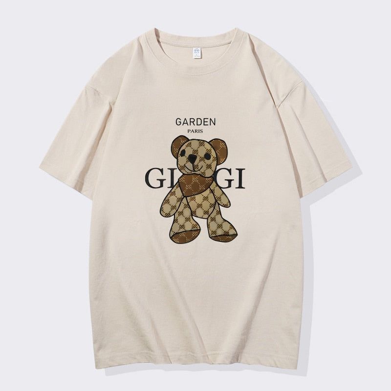 Summer Men's Little Bear Printed T-shirt 100% Cotton T-shirt Men's and Women's Casual Street Round Neck Large Top - Jointcorp