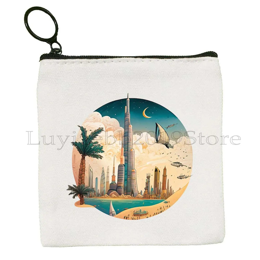 Dubai United Arab Emirates UAE Map Flag Asia Skyline Skyscraper Burj Khalifa Canvas Coin Purse Key Case Bag Wallet Zipper Pouch