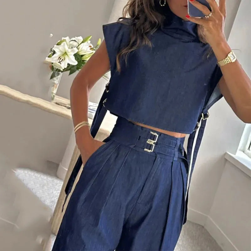 Women Two Piece Set Summer Fashion Office Solid High Neck Short Sleeve Top Straight With Pockets Buckle Pants Sets