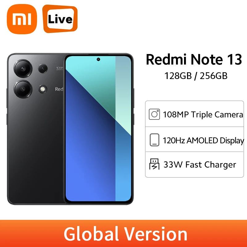 Global Version Xiaomi Redmi Note 13 4G Smartphone 108MP Triple Camera 120Hz AMOLED Snapdragon 685 Octa Core 33W Fast Charging