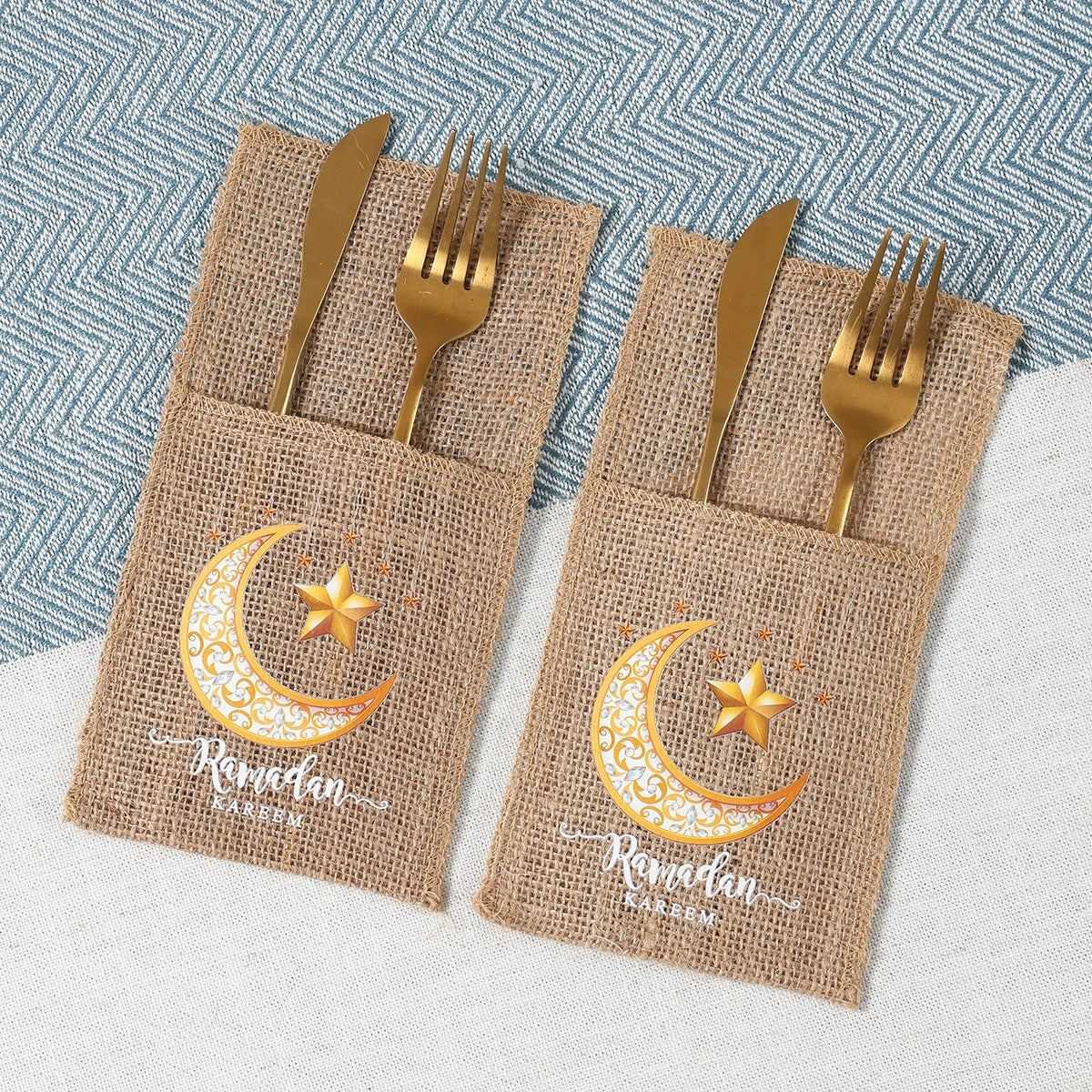 Ramadan Burlap Cutlery Pouch Eid Mubarak Decor for Home 2025 Table Decor Ramadan Kareem Islamic Muslim Party Eid Al-Fitr Gifts