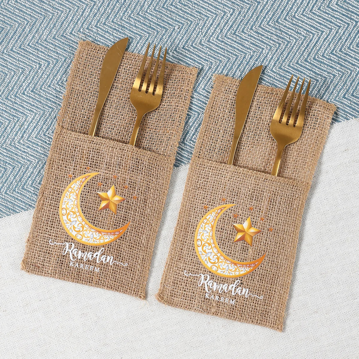 Ramadan Burlap Cutlery Pouch Eid Mubarak Decor for Home 2025 Table Decor Ramadan Kareem Islamic Muslim Party Eid Al-Fitr Gifts