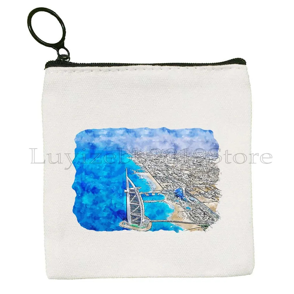 Dubai United Arab Emirates UAE Map Flag Asia Skyline Skyscraper Burj Khalifa Canvas Coin Purse Key Case Bag Wallet Zipper Pouch