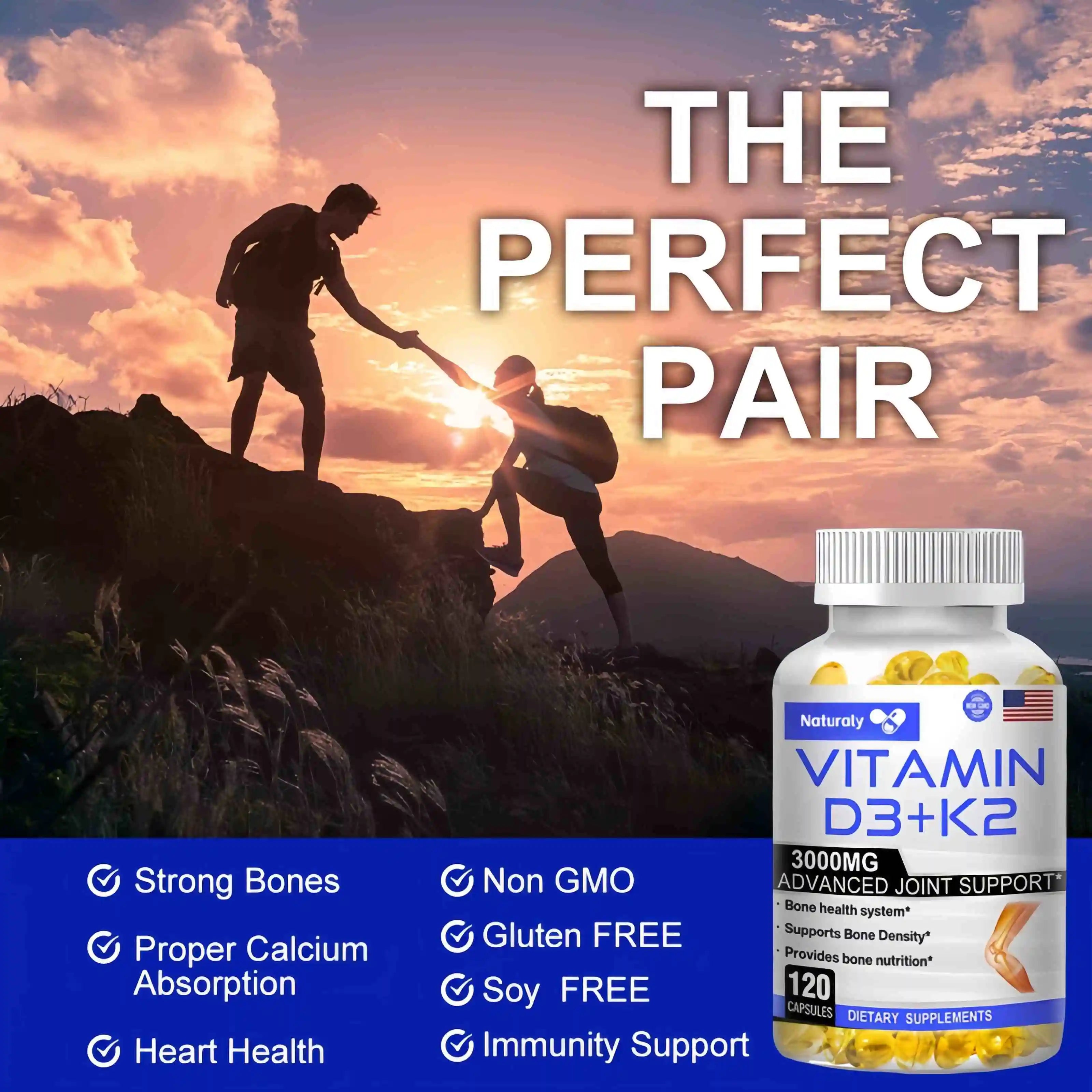 Vitamin D3+K2 Supplement to Support Joint, Bone and Immune Health Non-GMO formula easy-to-swallow vitamin D & K complex