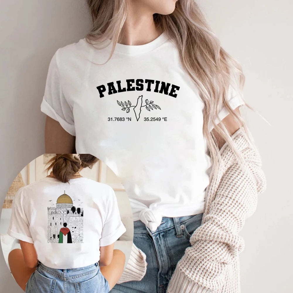 Palestine Map Harajuku Print T-Shirt Palestine Al Aqsa Mosque T-Shirt Palestine Flag Jerusalem Co-ordinates top Human Rights Tee