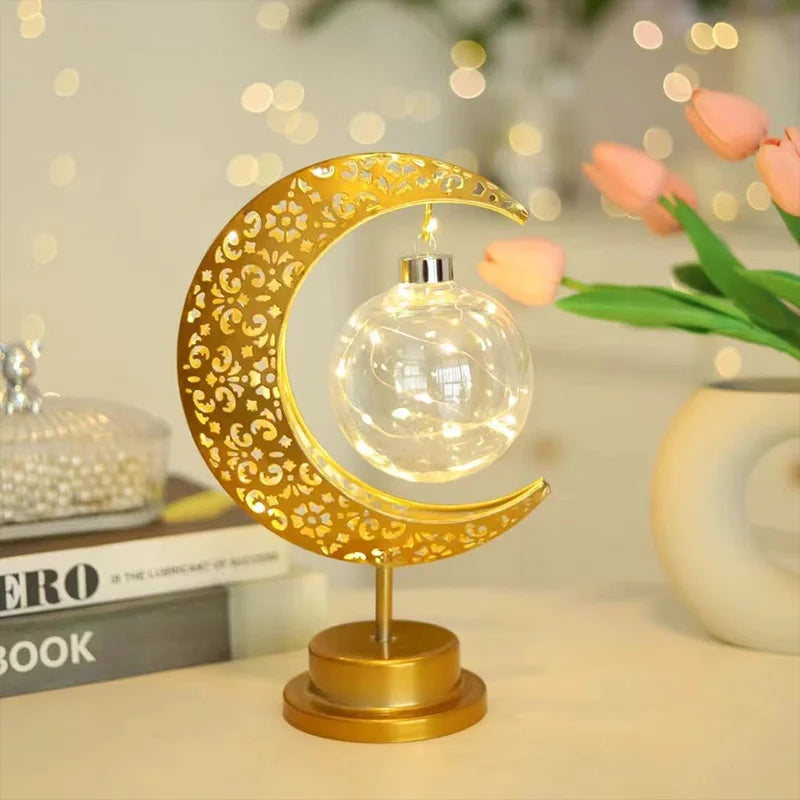 Eid Decoration LED Iron Ramadan Moon Lamp Star Metal Bedroom Table Lamps Night Light Ambient Lighting Muslim Eid