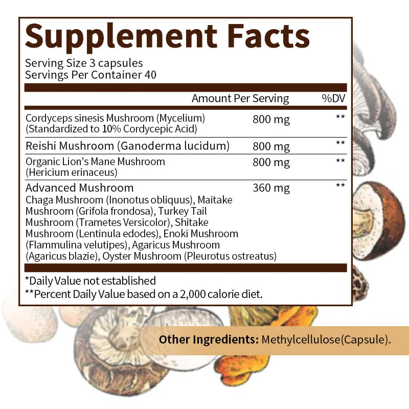 Original Mushroom Complex Capsules with Lions Mane Chaga Cognitive Brain Function Stress Relieves Beauty Health Diet Supplement