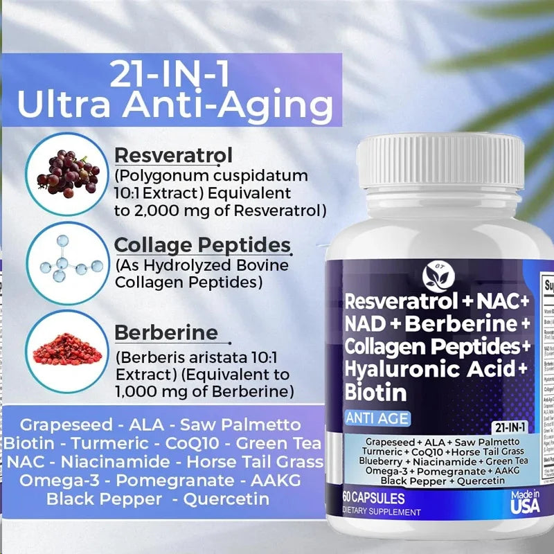 Resveratrol Nad Aspartate Hyaluronic Acid Grape And Blueberry Collagen Peptides Hair, Nail, Skin, And Joint Supplements Capsules