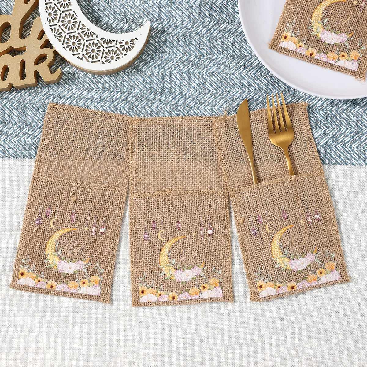 EID Mubarak Decoration Burlap Cutlery Bags Ramadan Decor 2025 Cutlery Bag Ramadan Kareem Islamic Muslim Party Eid Al Adha Gifts